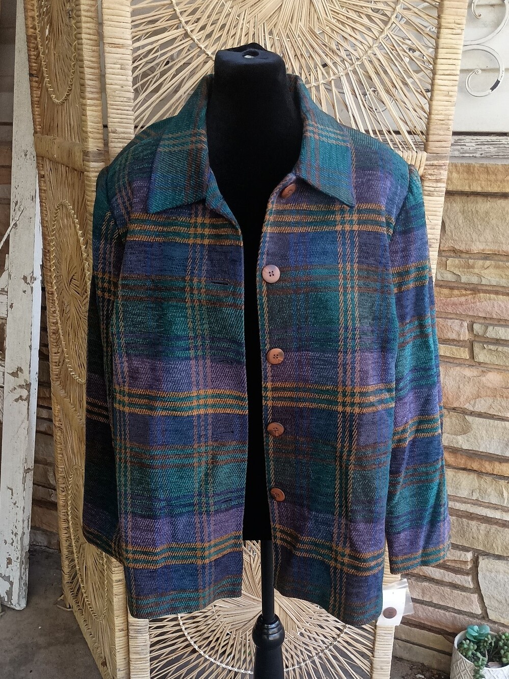 Vintage Sag Harbor Plaid Button-Up Jacket in Green & Purple_18W